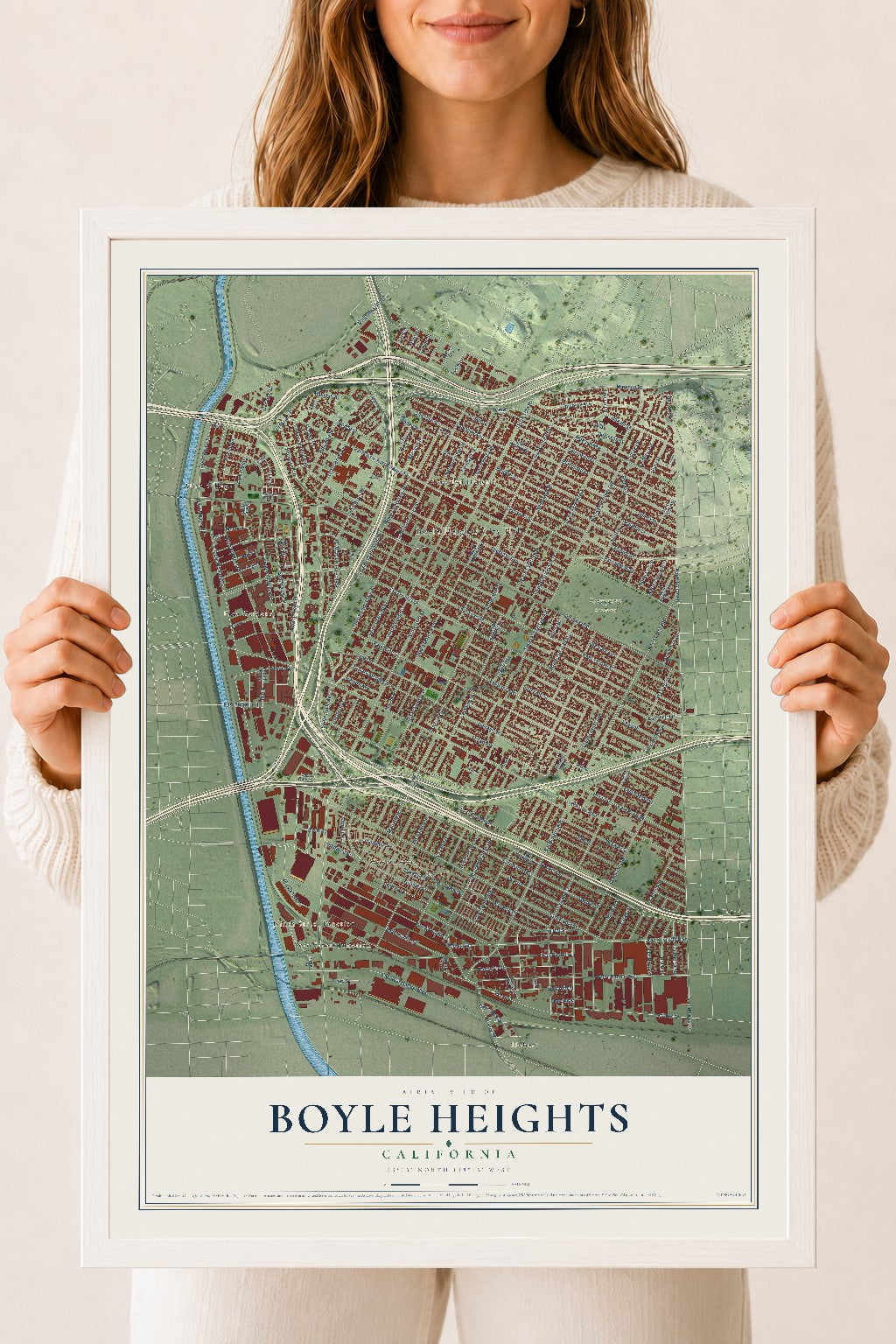 Map of Boyle Heights, California, 18 x 24 inch print in a white wood frame