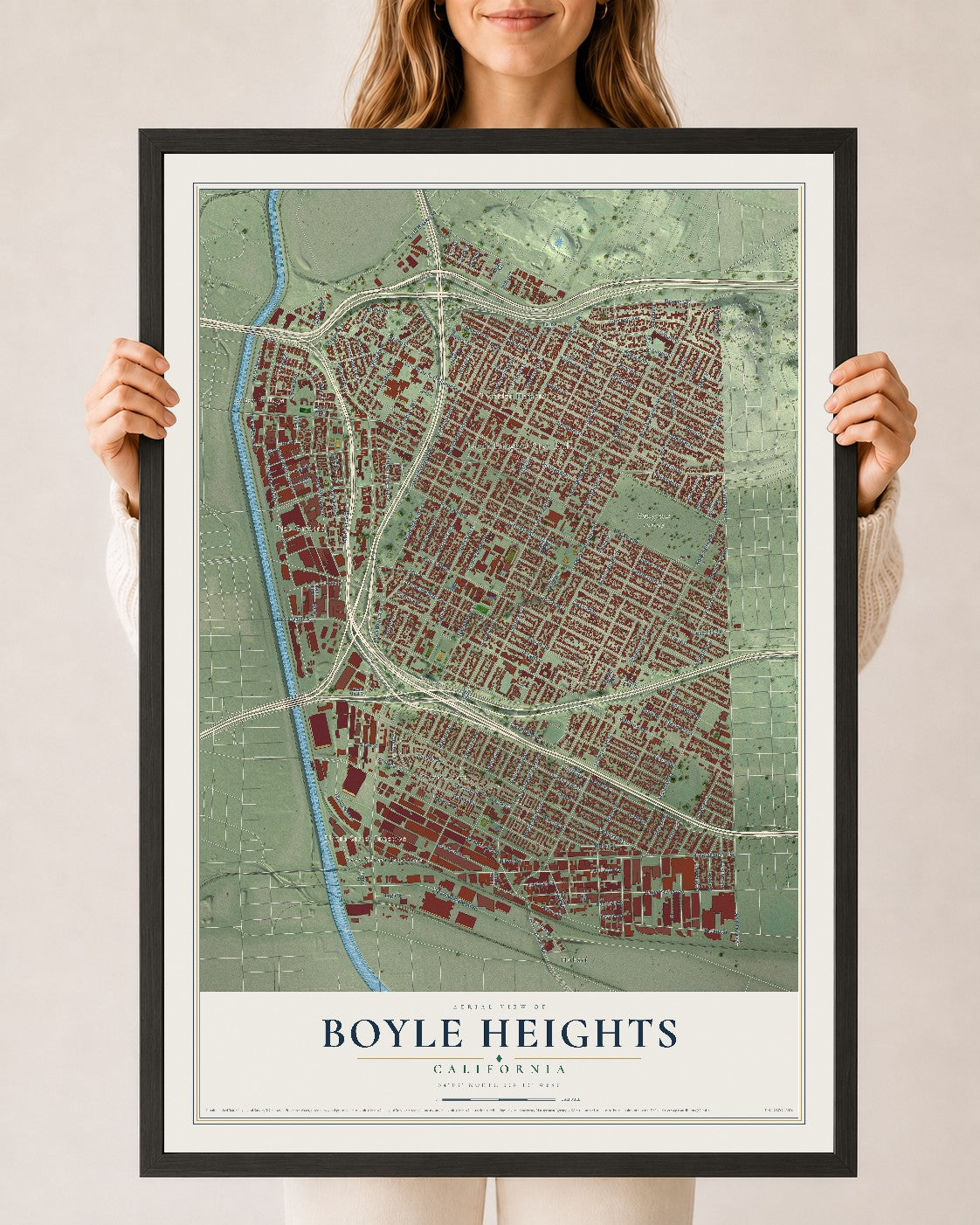 Map of Boyle Heights, California, 24 x 36 inch print in a black wood frame