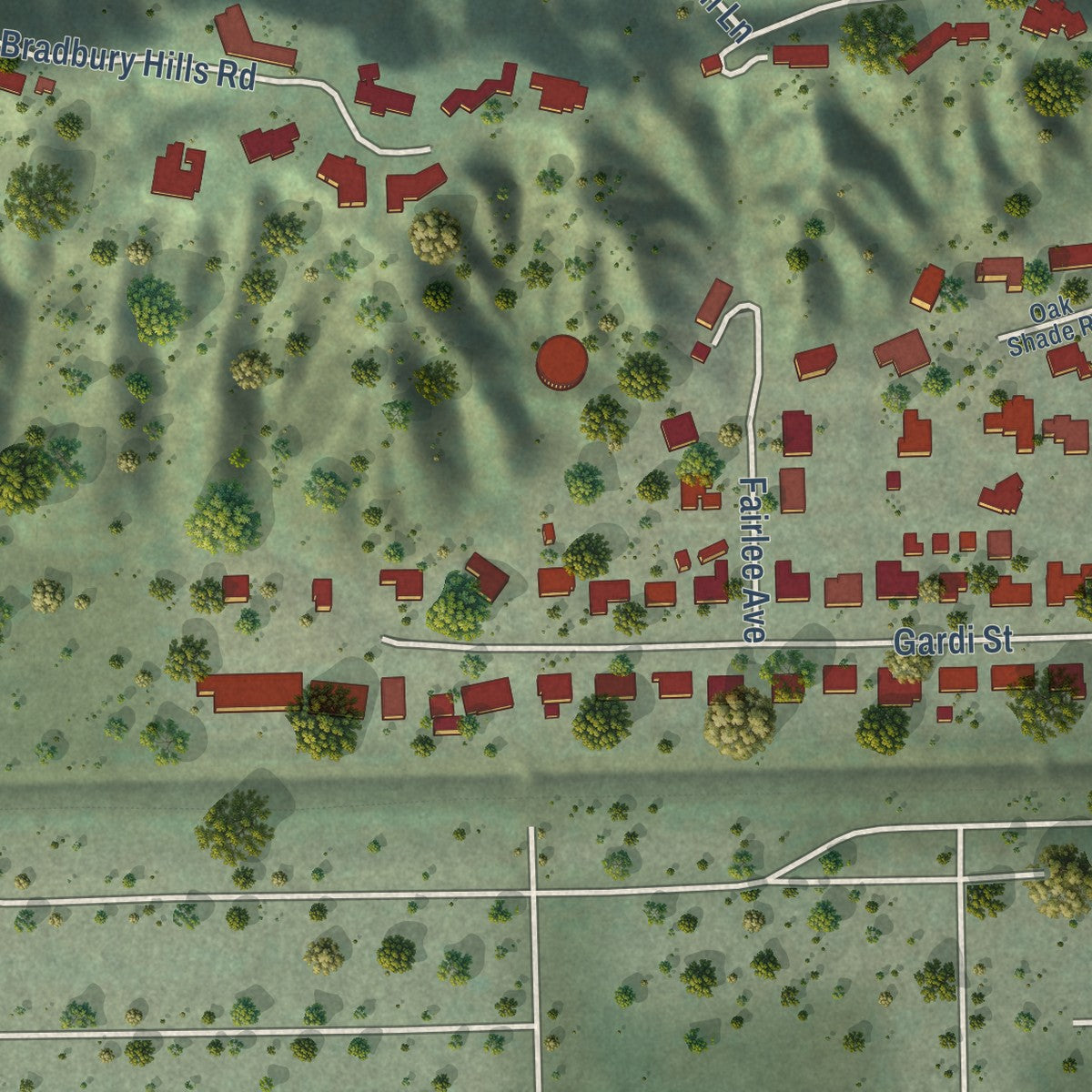 Second close-up of the map of Bradbury, California print showing more streets and buildings