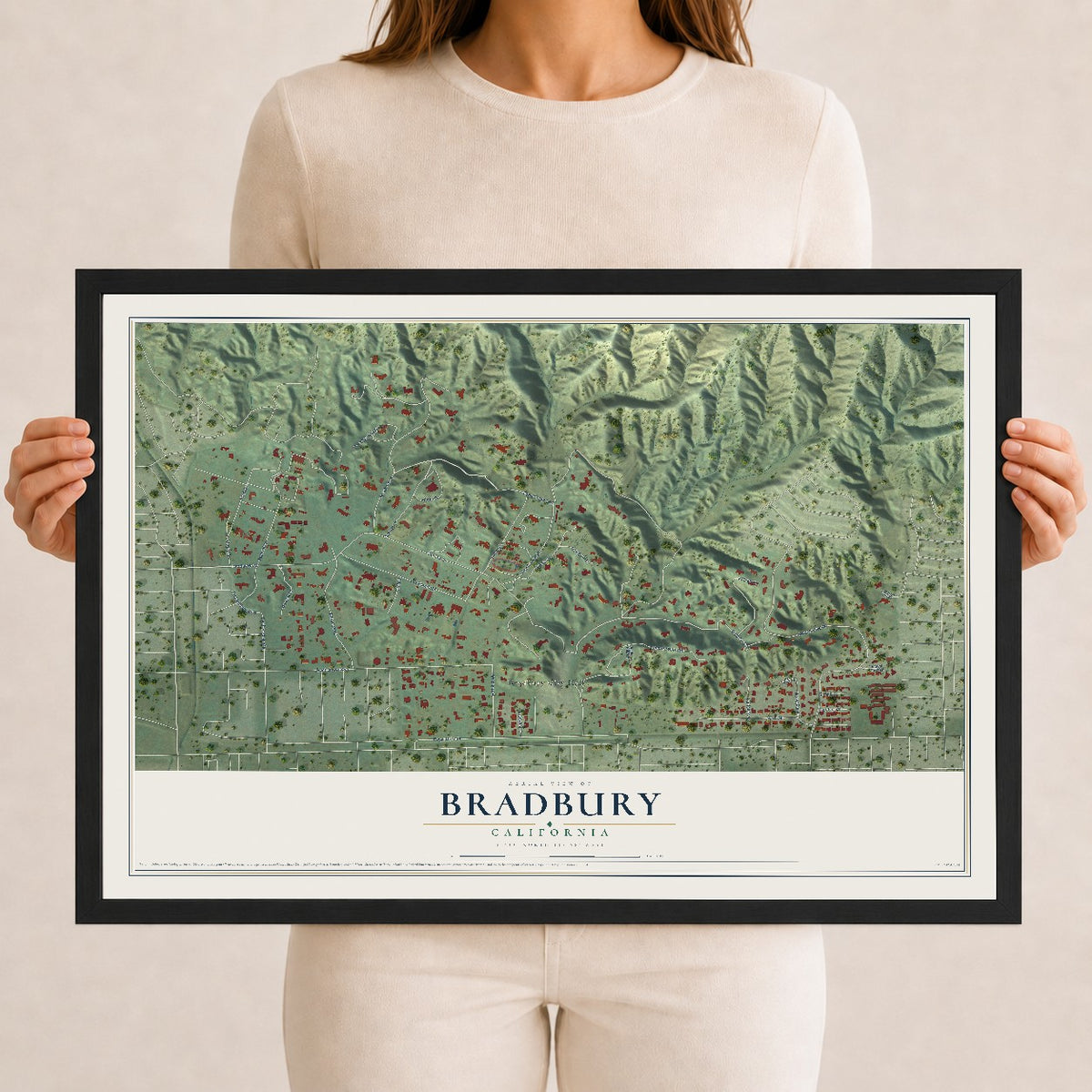 Map of Bradbury, California, 12 x 18 inch print in a black wood frame