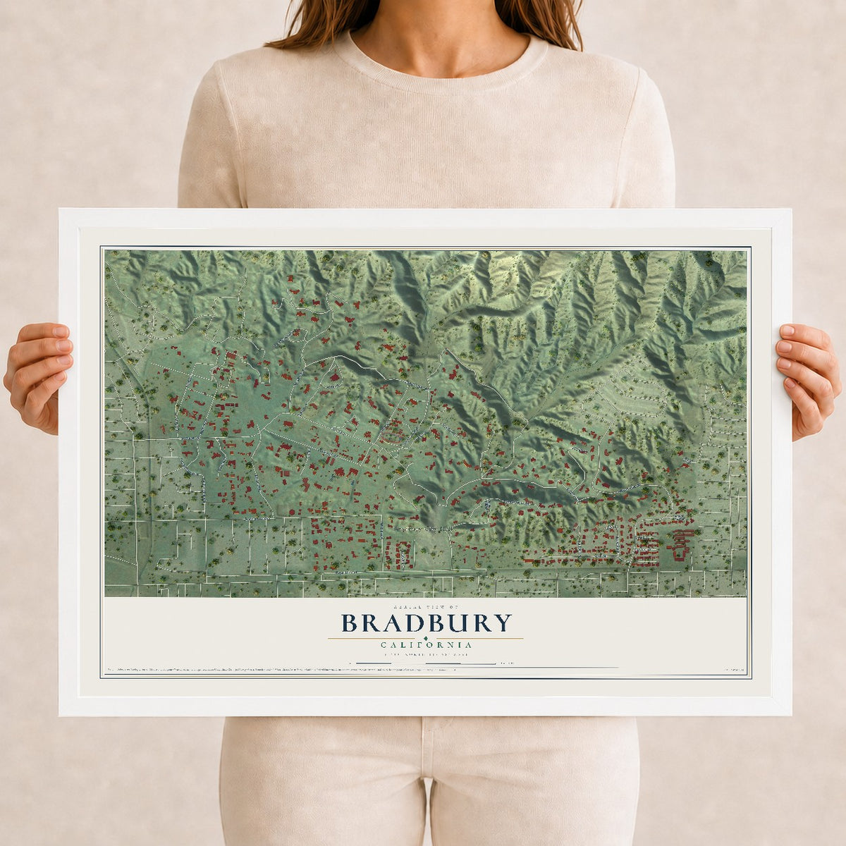 Map of Bradbury, California, 12 x 18 inch print in a white wood frame