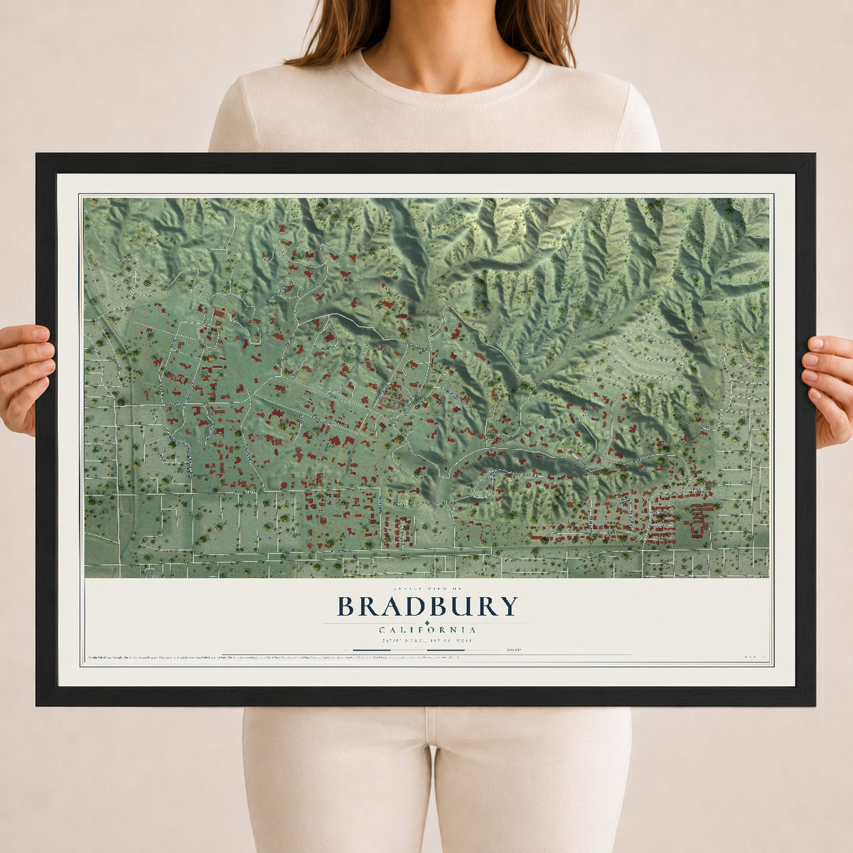 Map of Bradbury, California, 18 x 24 inch print in a black wood frame