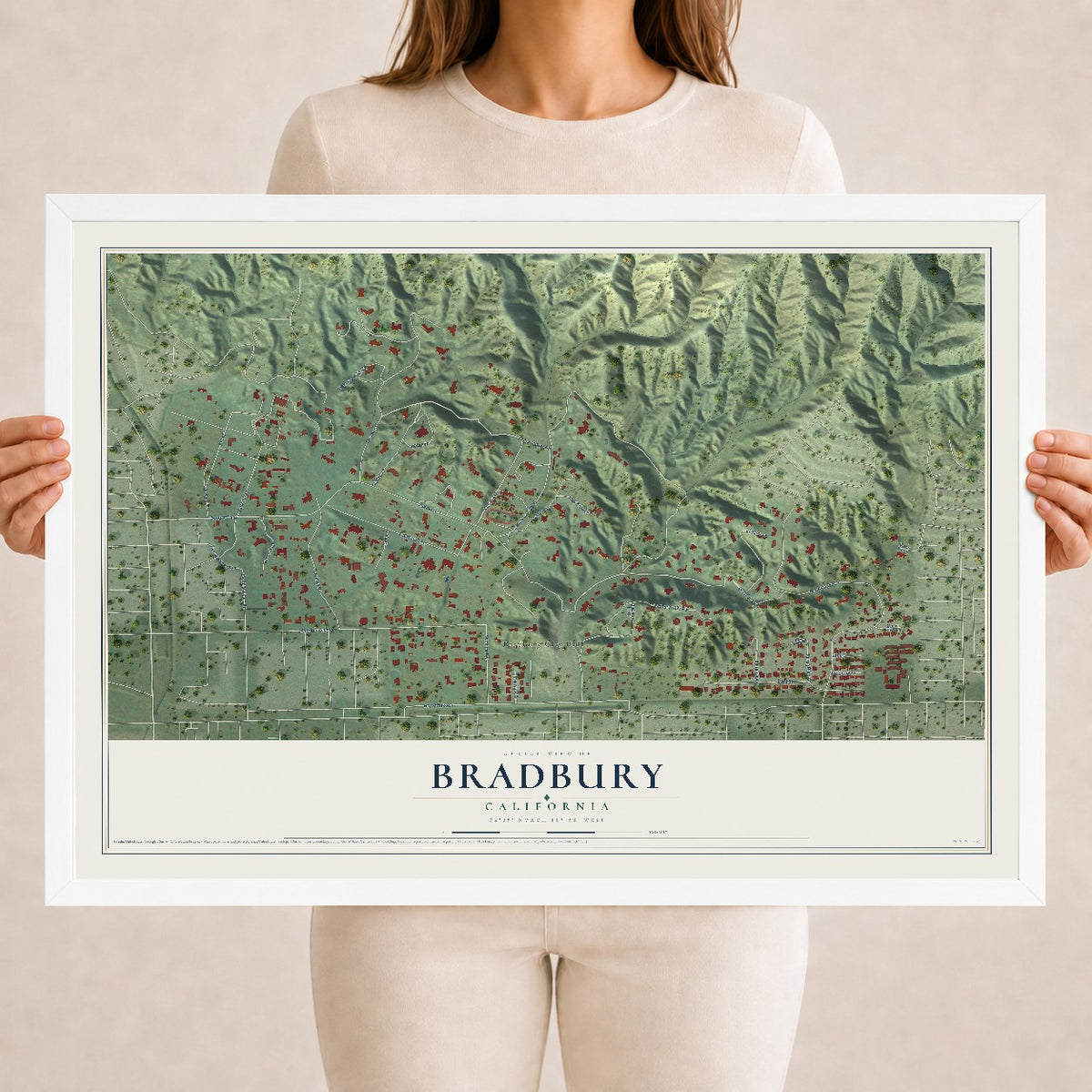 Map of Bradbury, California, 18 x 24 inch print in a white wood frame