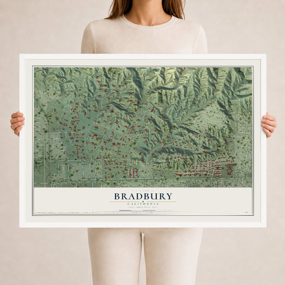 Map of Bradbury, California, 24 x 36 inch print in a white wood frame