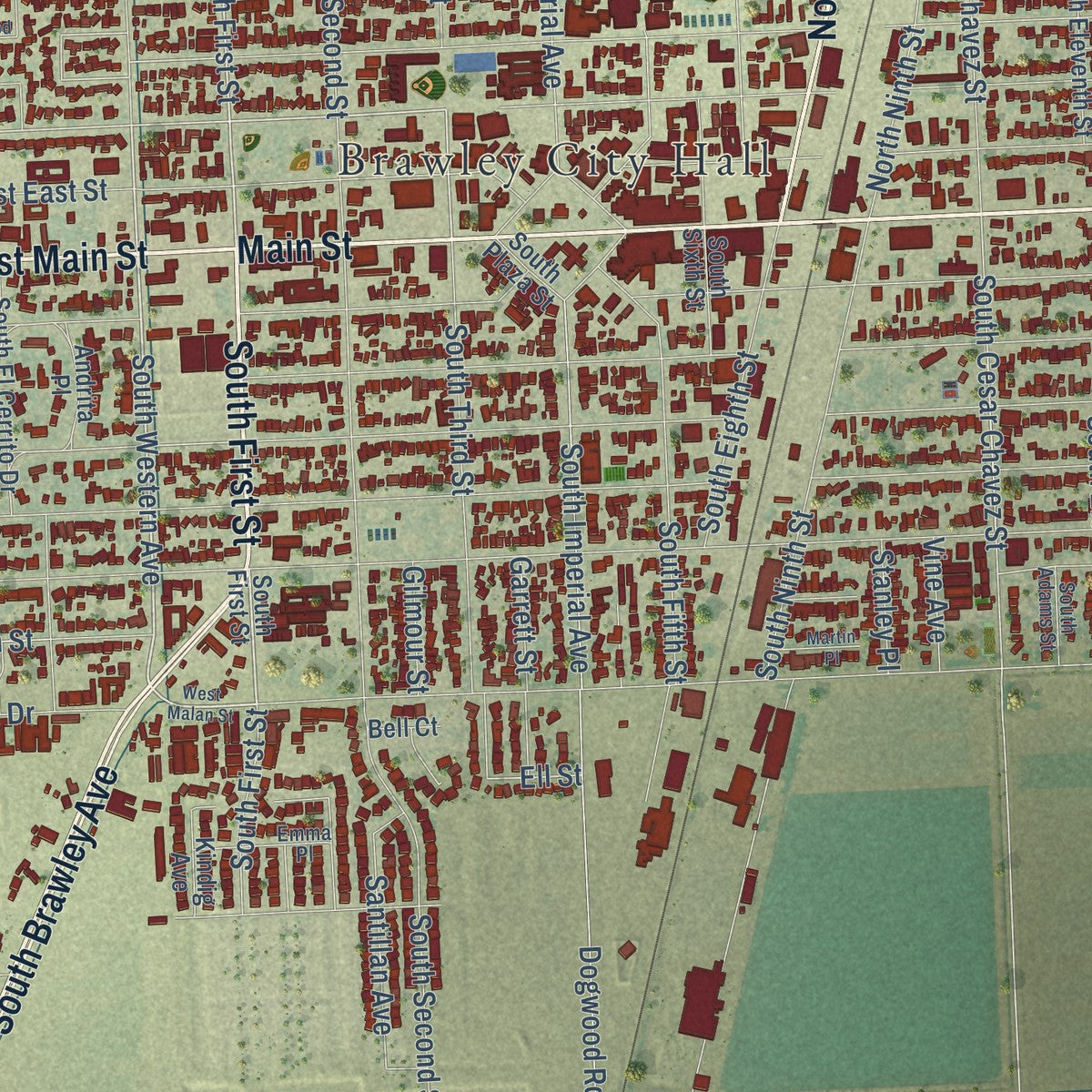 Close-up of the map of Brawley, California print showing street and building detail