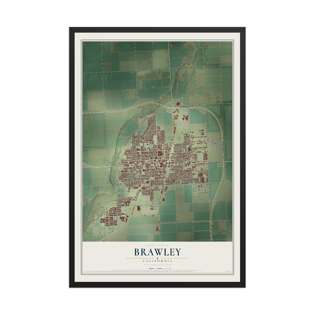 Map of Brawley, California, 12 x 18 inch print in a black wood frame