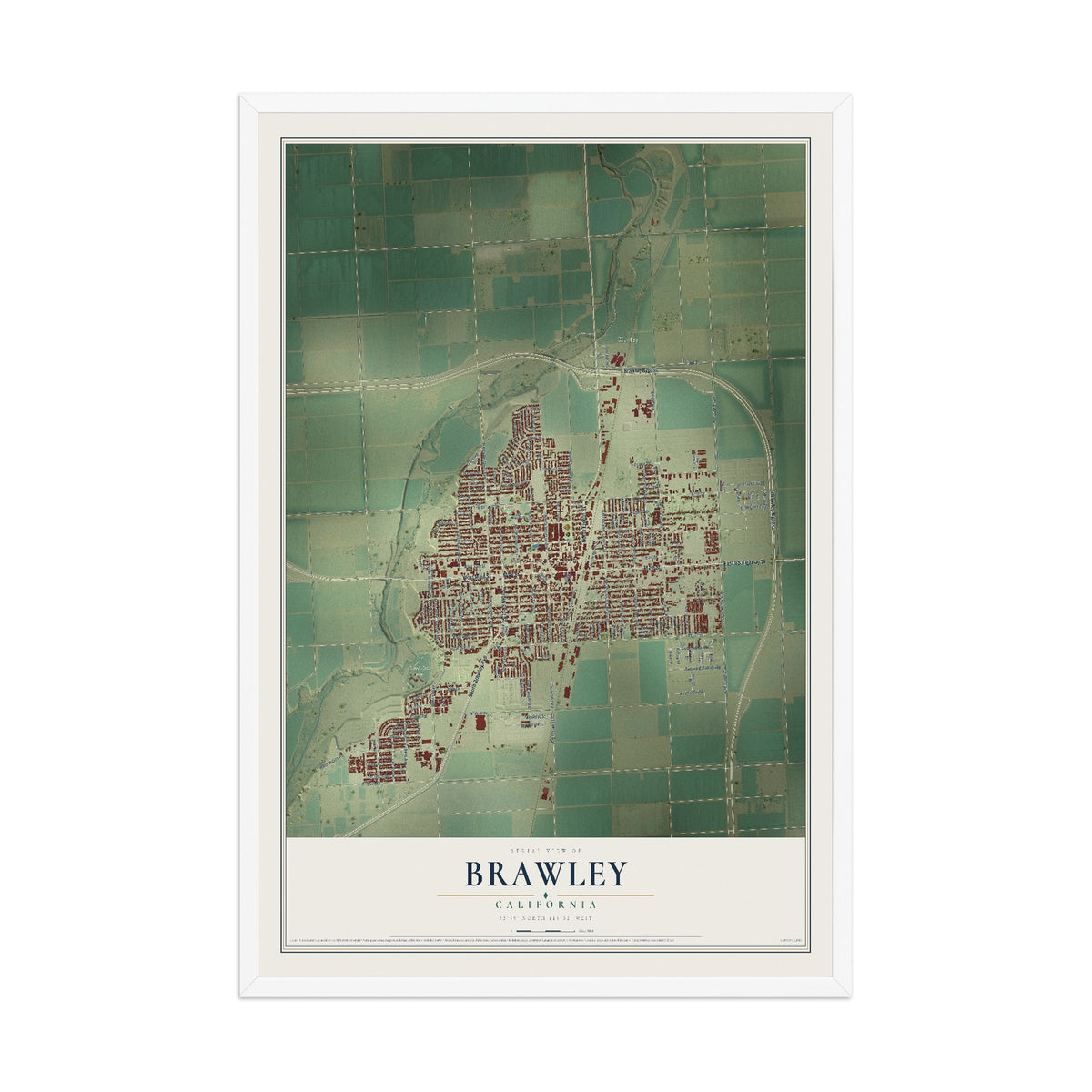 Map of Brawley, California, 12 x 18 inch print in a white wood frame