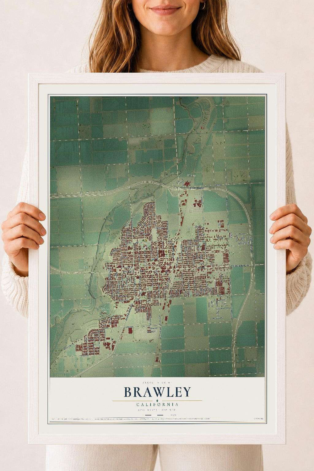 Map of Brawley, California, 18 x 24 inch print in a white wood frame