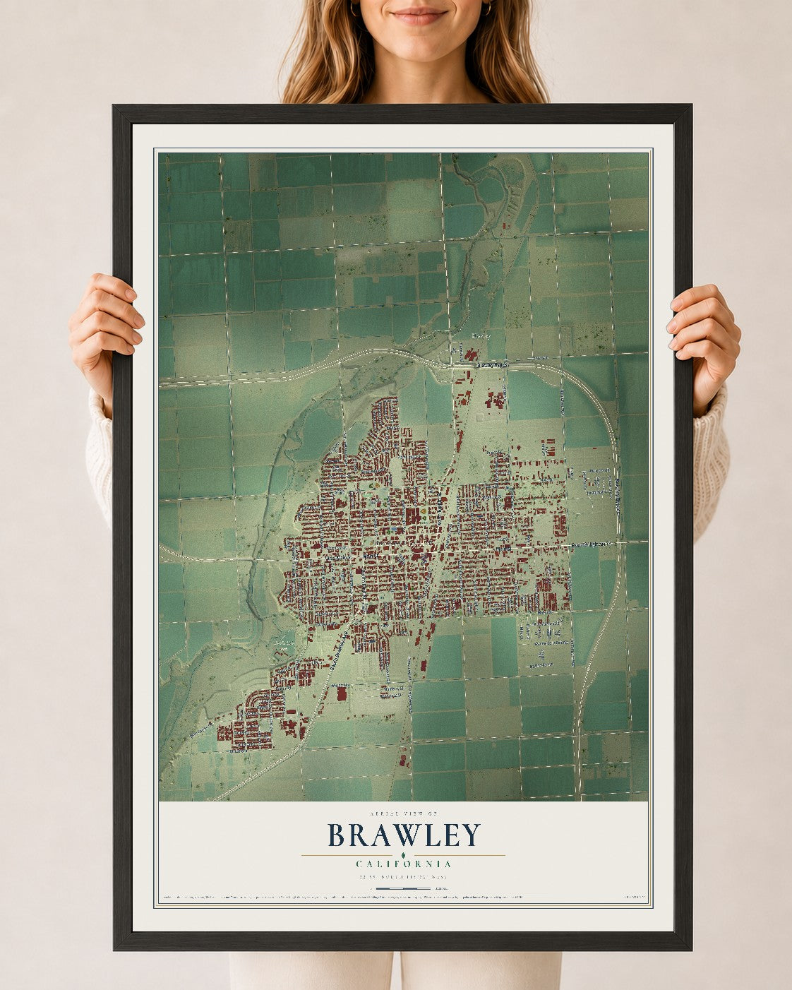 Map of Brawley, California, 24 x 36 inch print in a black wood frame