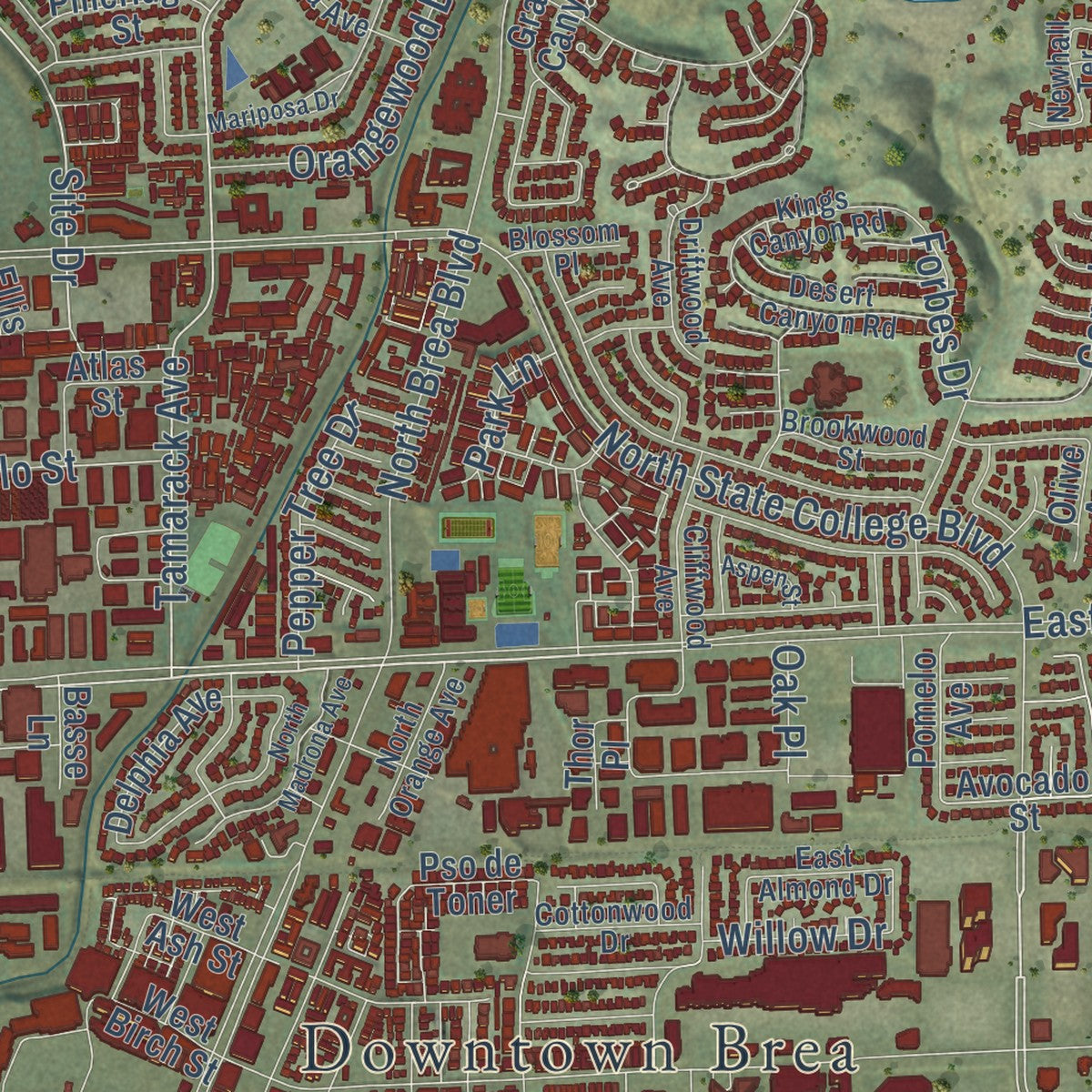 Close-up of the map of Brea, California print showing street and building detail