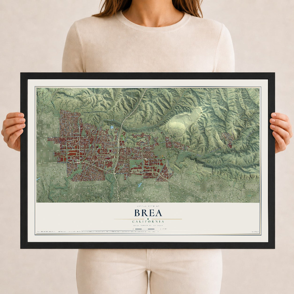 Map of Brea, California, 12 x 18 inch print in a black wood frame