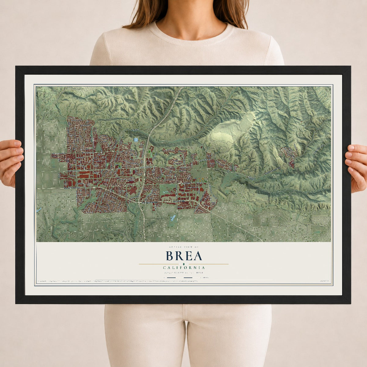 Map of Brea, California, 18 x 24 inch print in a black wood frame