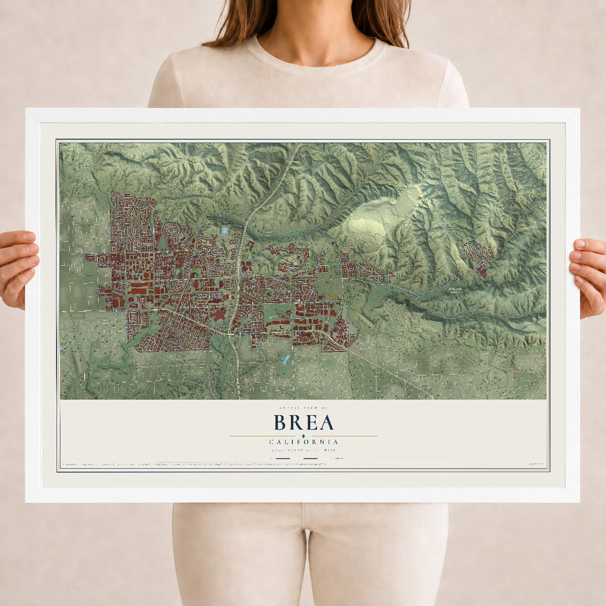 Map of Brea, California, 18 x 24 inch print in a white wood frame