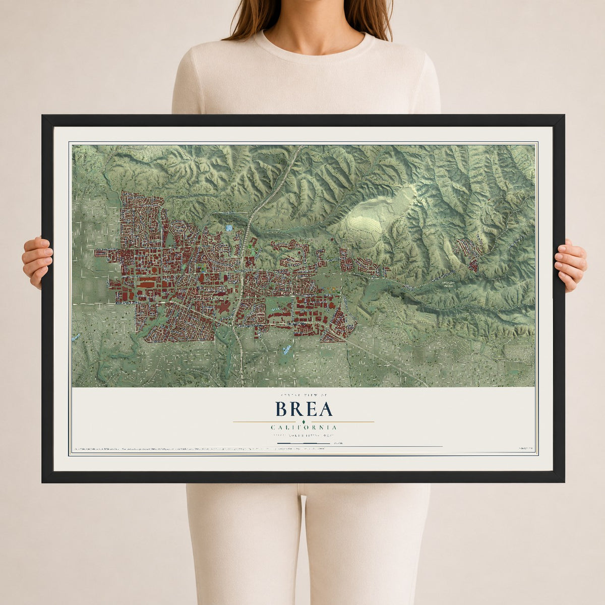 Map of Brea, California, 24 x 36 inch print in a black wood frame