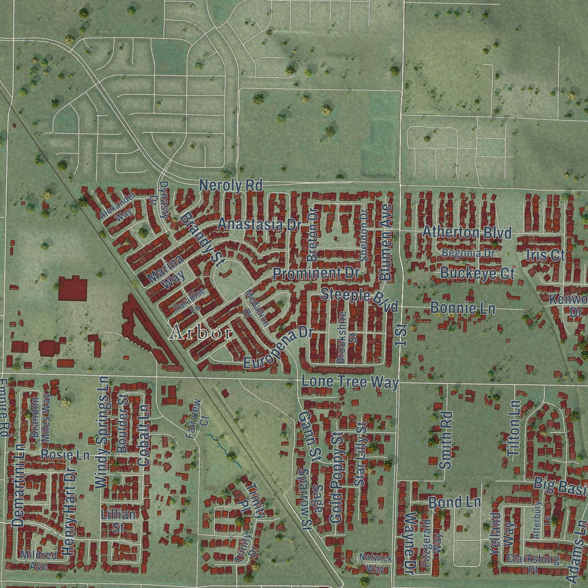 Second close-up of the map of Brentwood, California print showing more streets and buildings