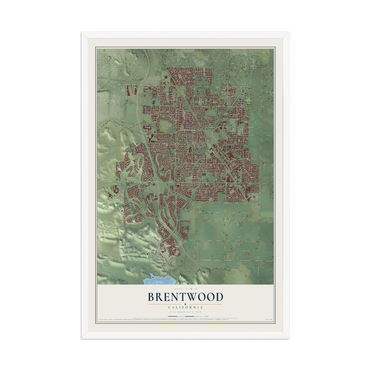 Map of Brentwood, California, 12 x 18 inch print in a white wood frame