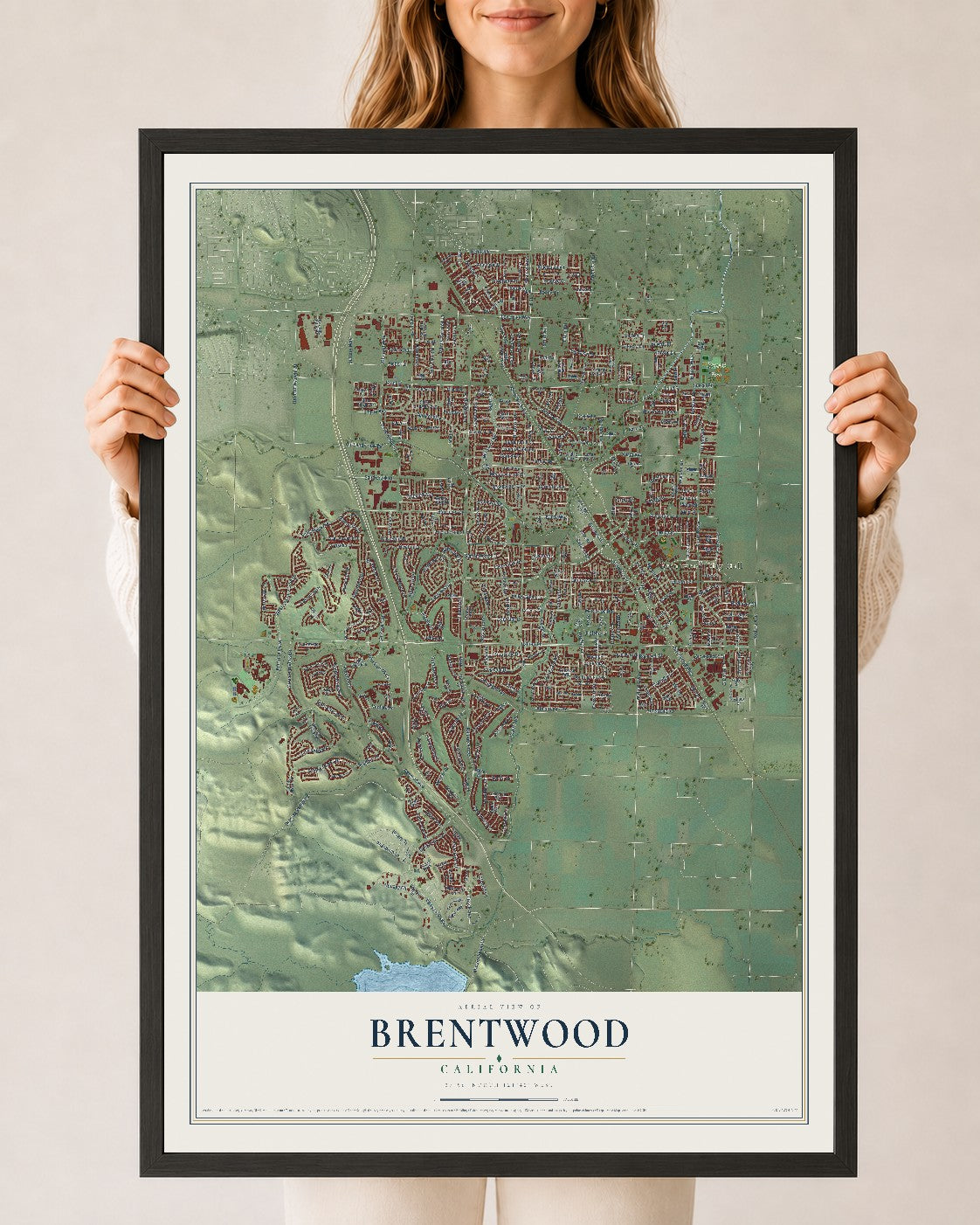 Map of Brentwood, California, 24 x 36 inch print in a black wood frame