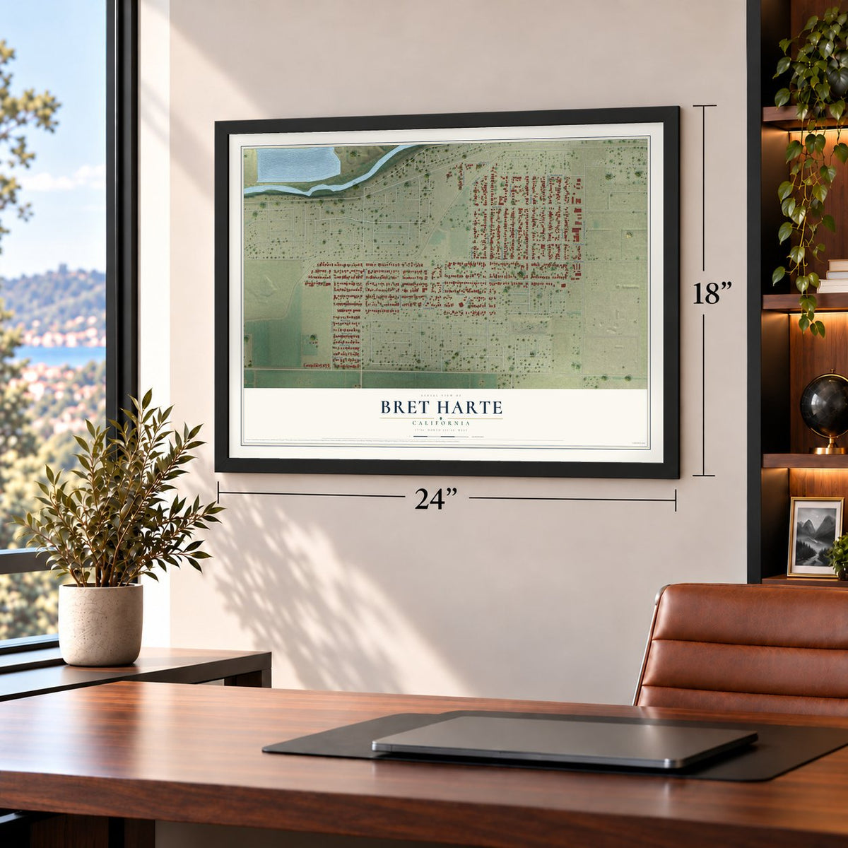 Bret Harte, California map, 18 x 24 inch print in a black frame in a home office