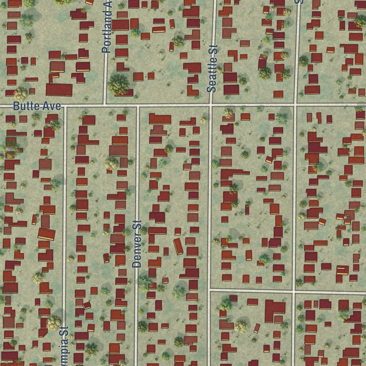 Close-up of the map of Bret Harte, California print showing street and building detail