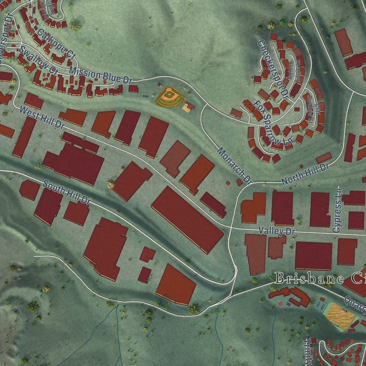 Second close-up of the map of Brisbane, California print showing more streets and buildings