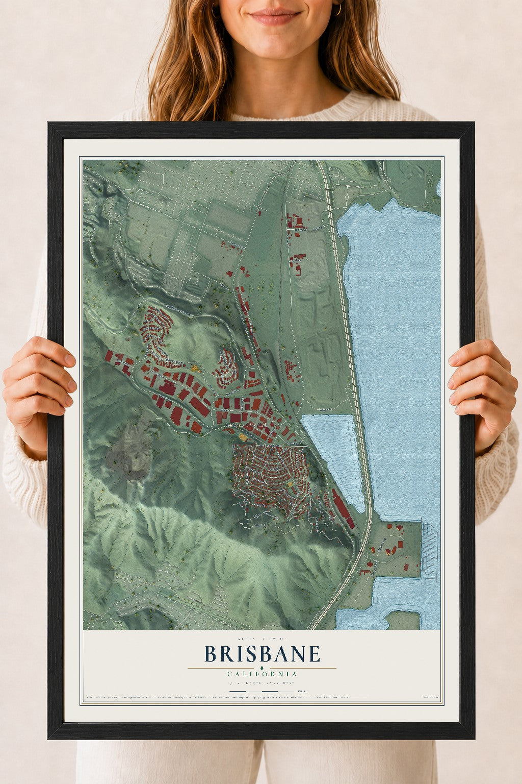 Map of Brisbane, California, 18 x 24 inch print in a black wood frame