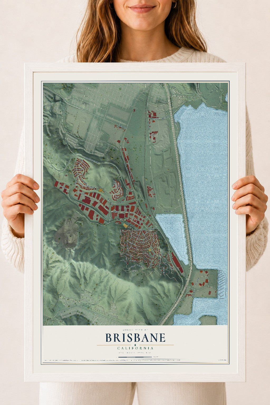 Map of Brisbane, California, 18 x 24 inch print in a white wood frame
