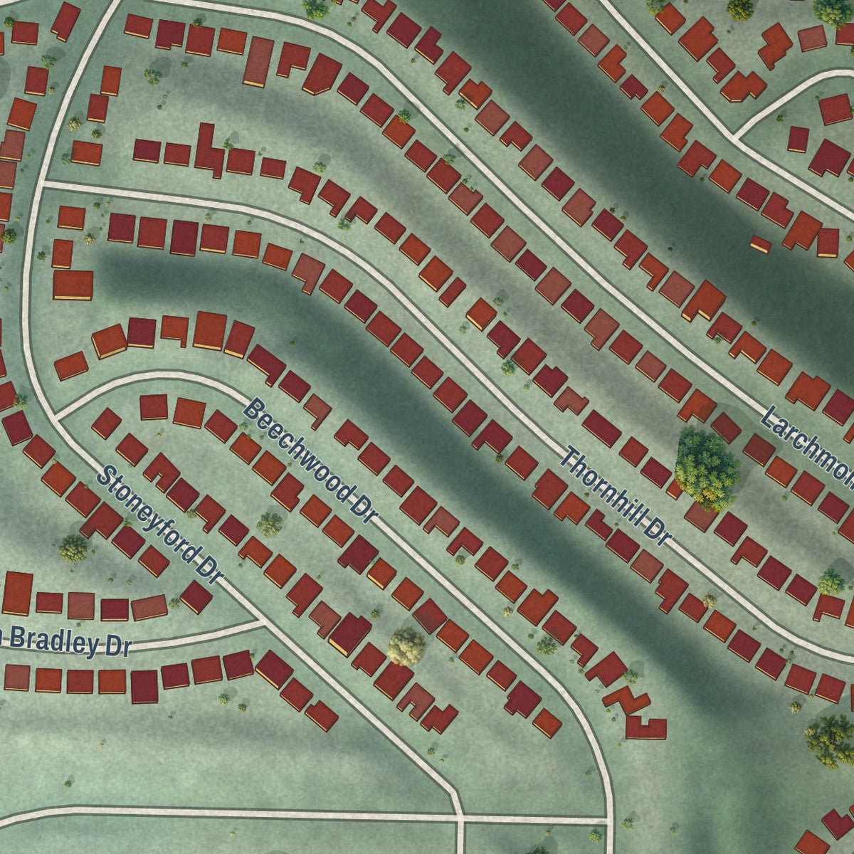 Close-up of the map of Broadmoor, California print showing street and building detail