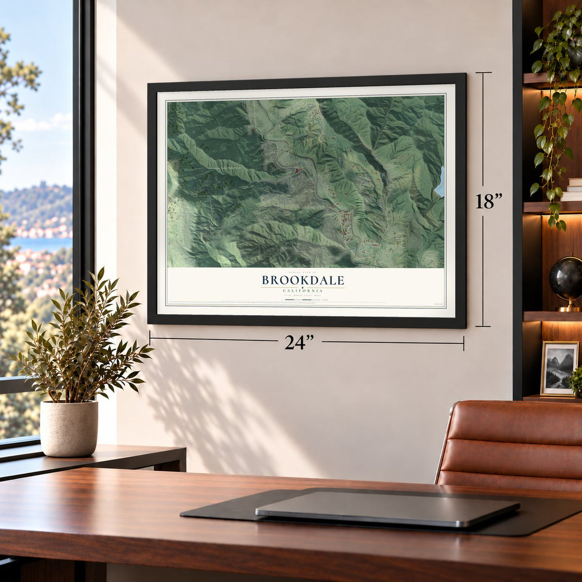 Brookdale, California map, 18 x 24 inch print in a black frame in a home office