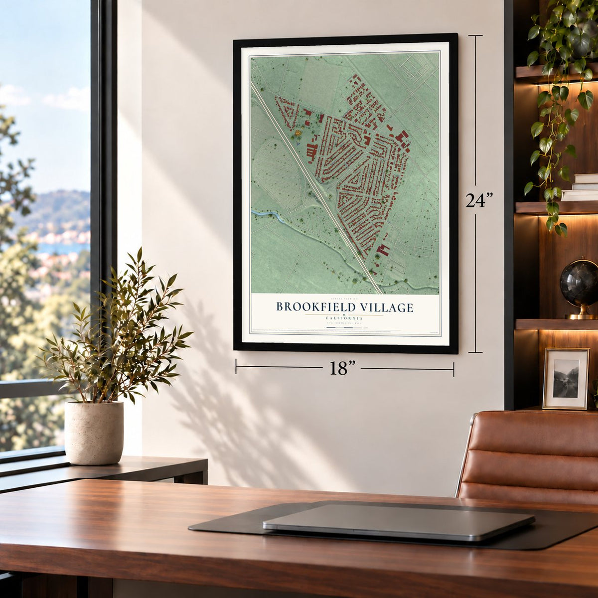 Brookfield Village, California map, 18 x 24 inch print in a black frame in a home office