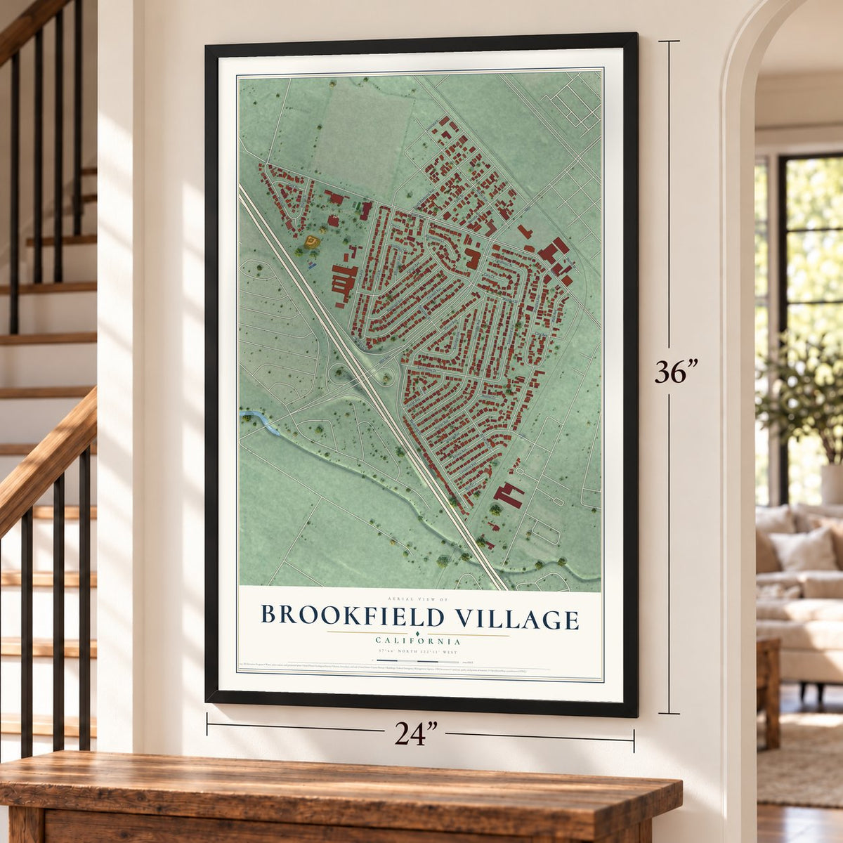 Brookfield Village, California map, 24 x 36 inch print in a black frame by a staircase