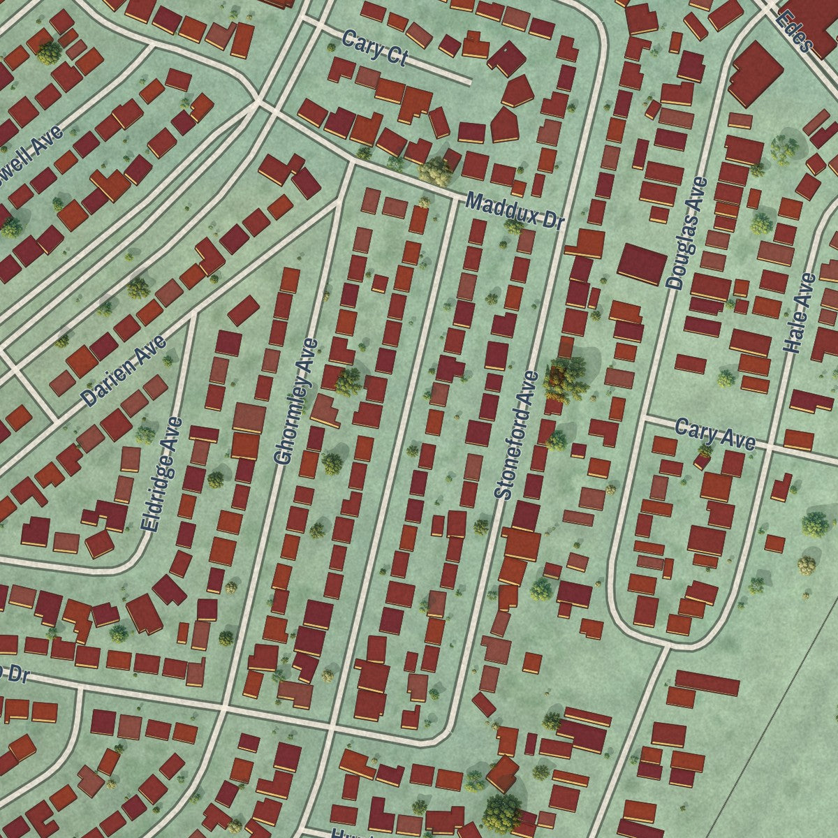 Close-up of the map of Brookfield Village, California print showing street and building detail