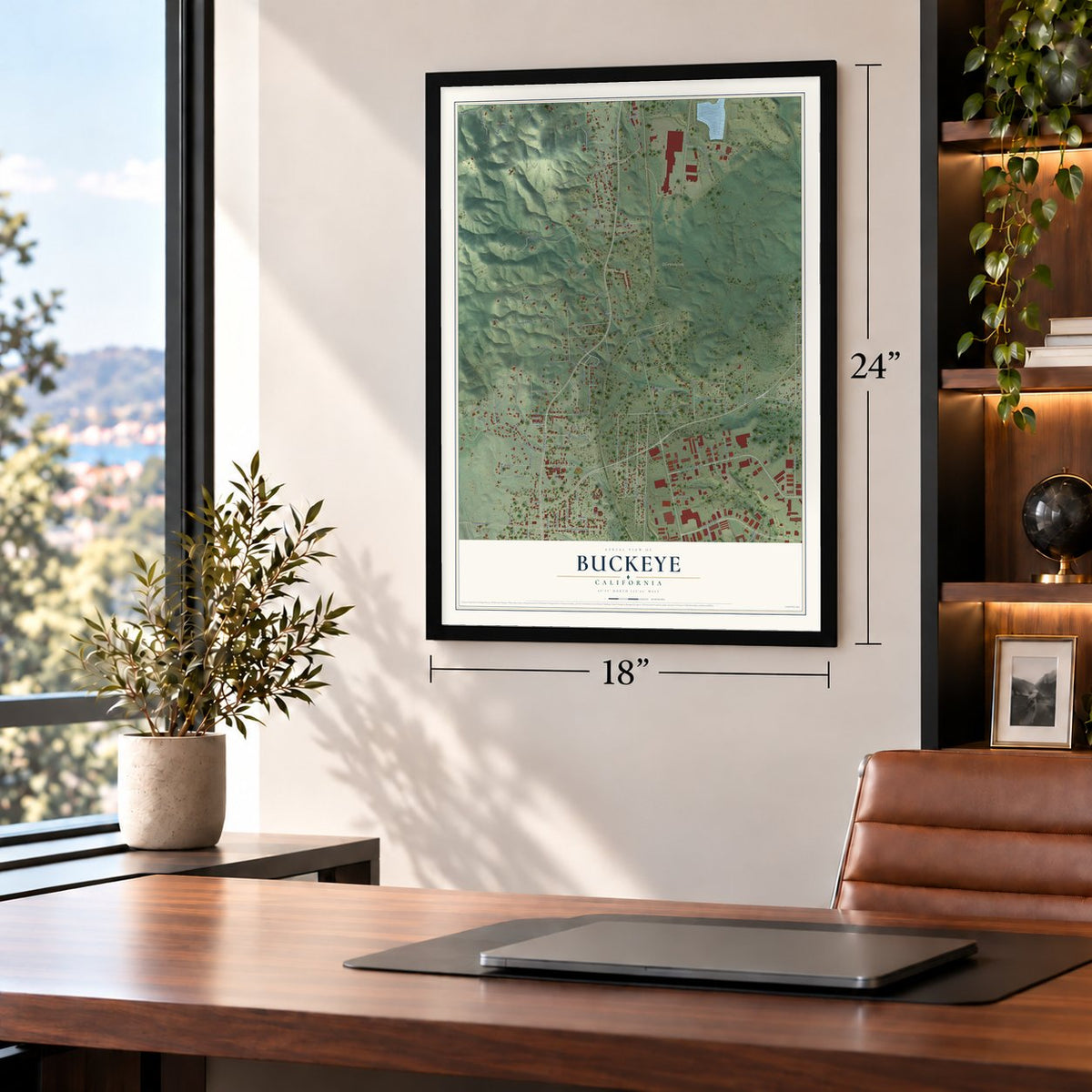 Buckeye, California map, 18 x 24 inch print in a black frame in a home office