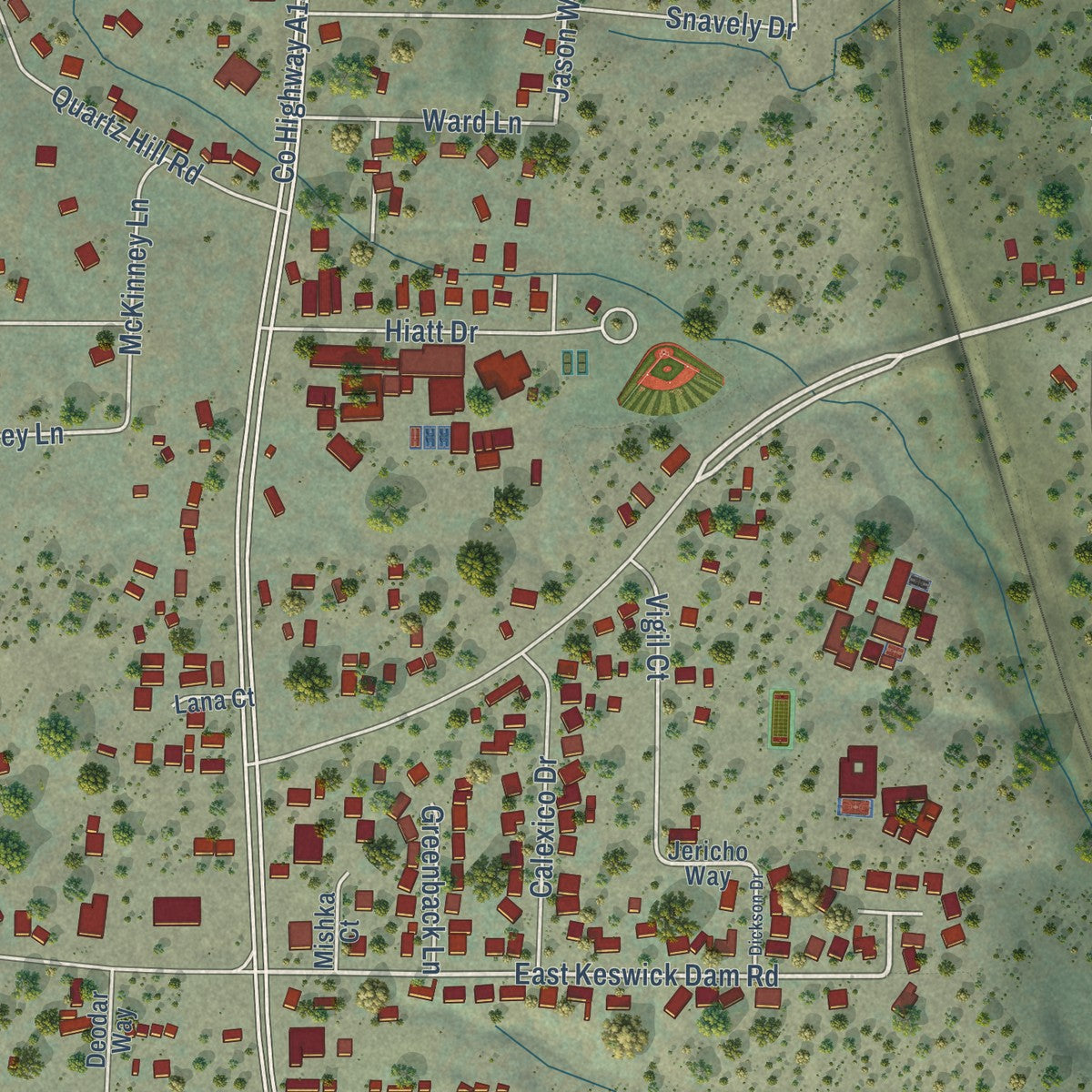 Close-up of the map of Buckeye, California print showing street and building detail