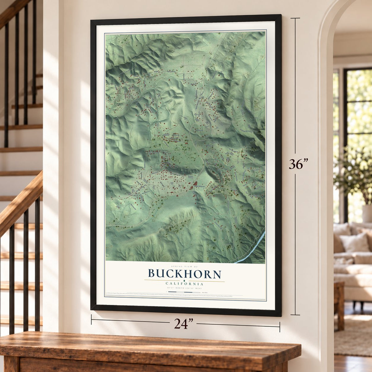 Buckhorn, California map, 24 x 36 inch print in a black frame by a staircase