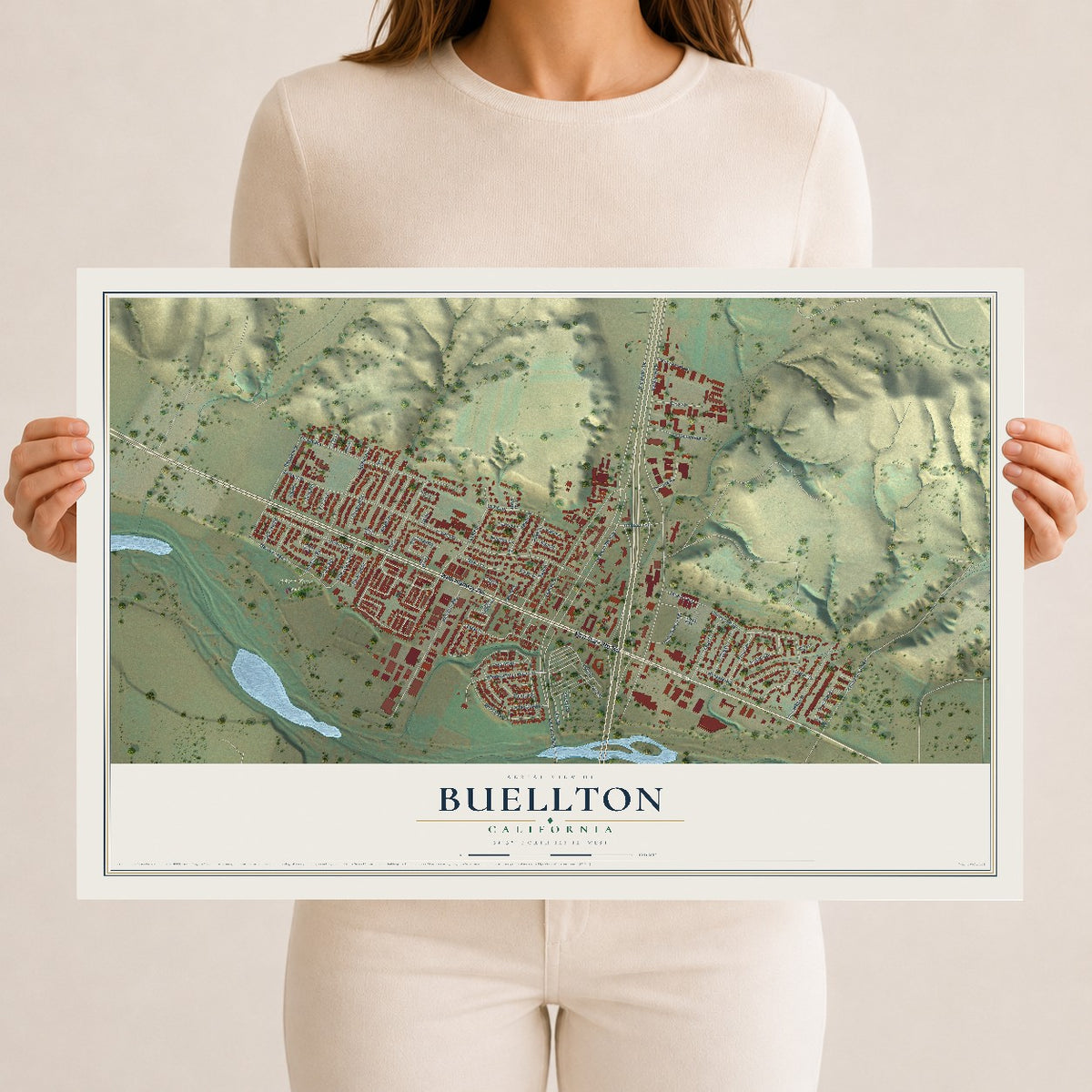 Map of Buellton, California, 12 x 18 inch unframed archival matte print