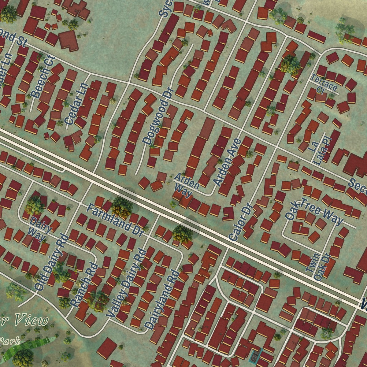 Close-up of the map of Buellton, California print showing street and building detail