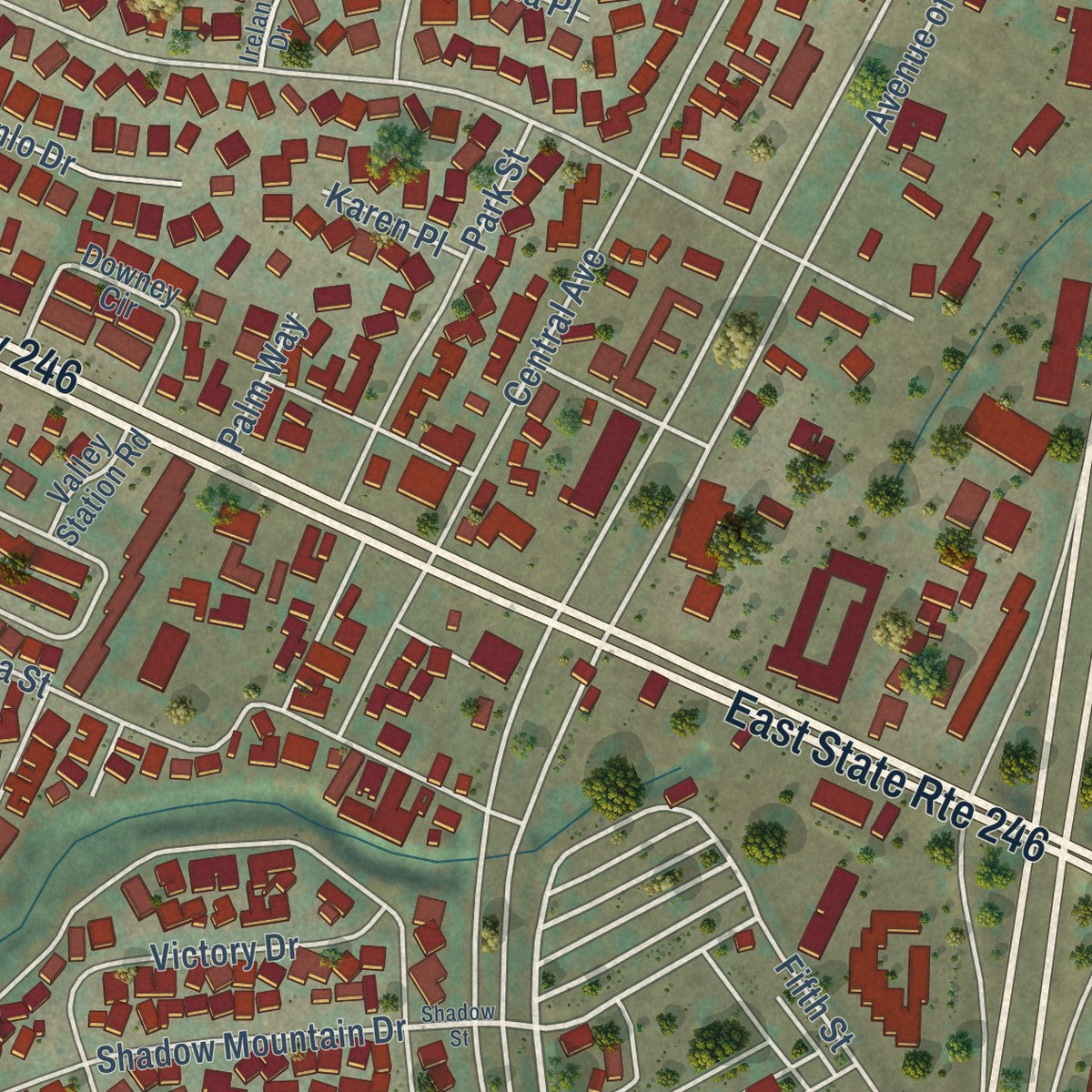 Second close-up of the map of Buellton, California print showing more streets and buildings