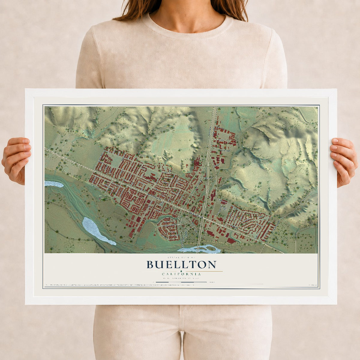 Map of Buellton, California, 12 x 18 inch print in a white wood frame