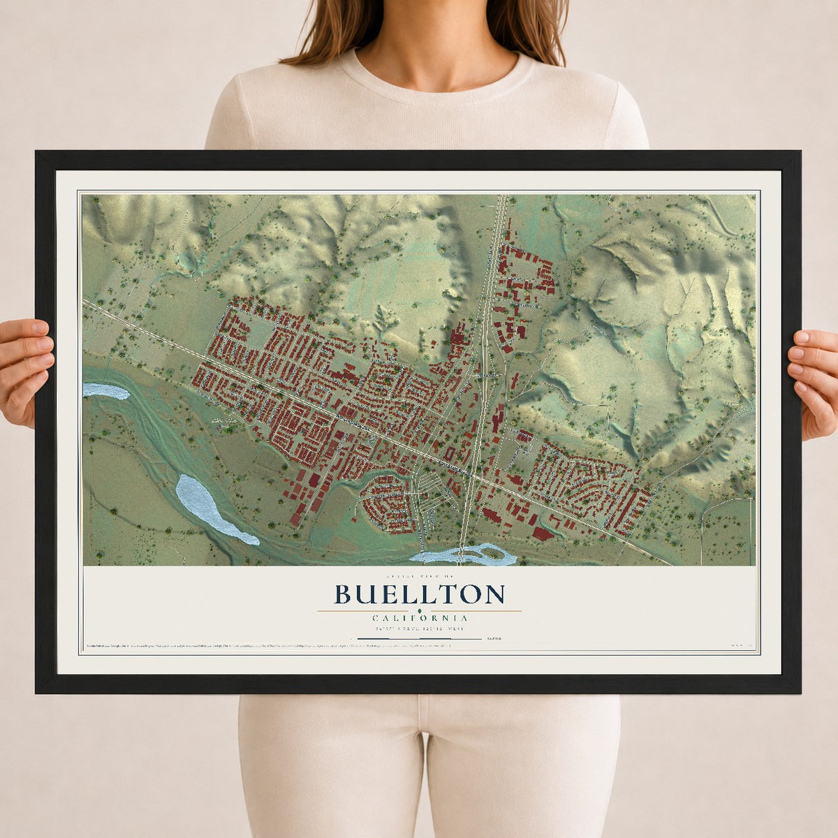 Map of Buellton, California, 18 x 24 inch print in a black wood frame