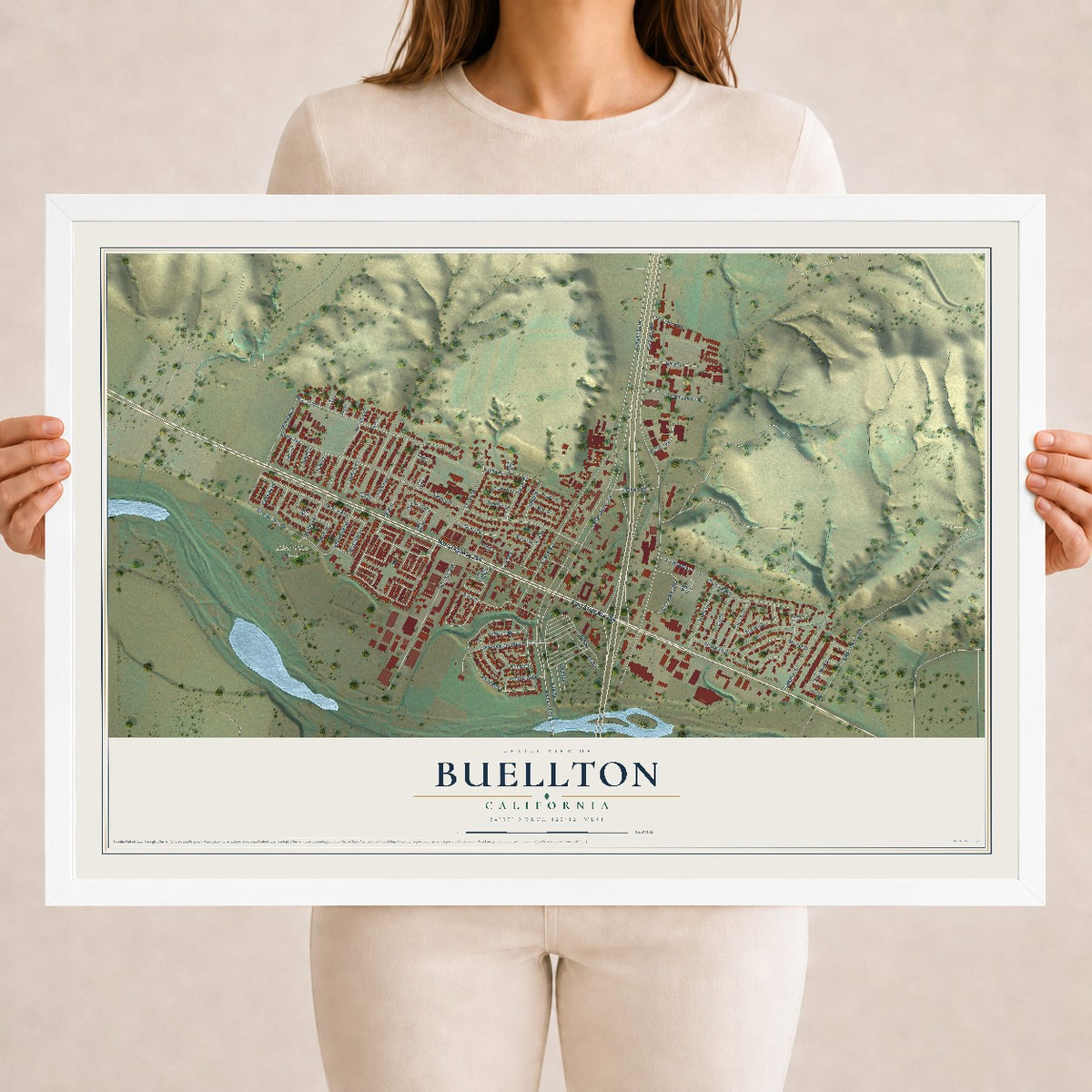 Map of Buellton, California, 18 x 24 inch print in a white wood frame