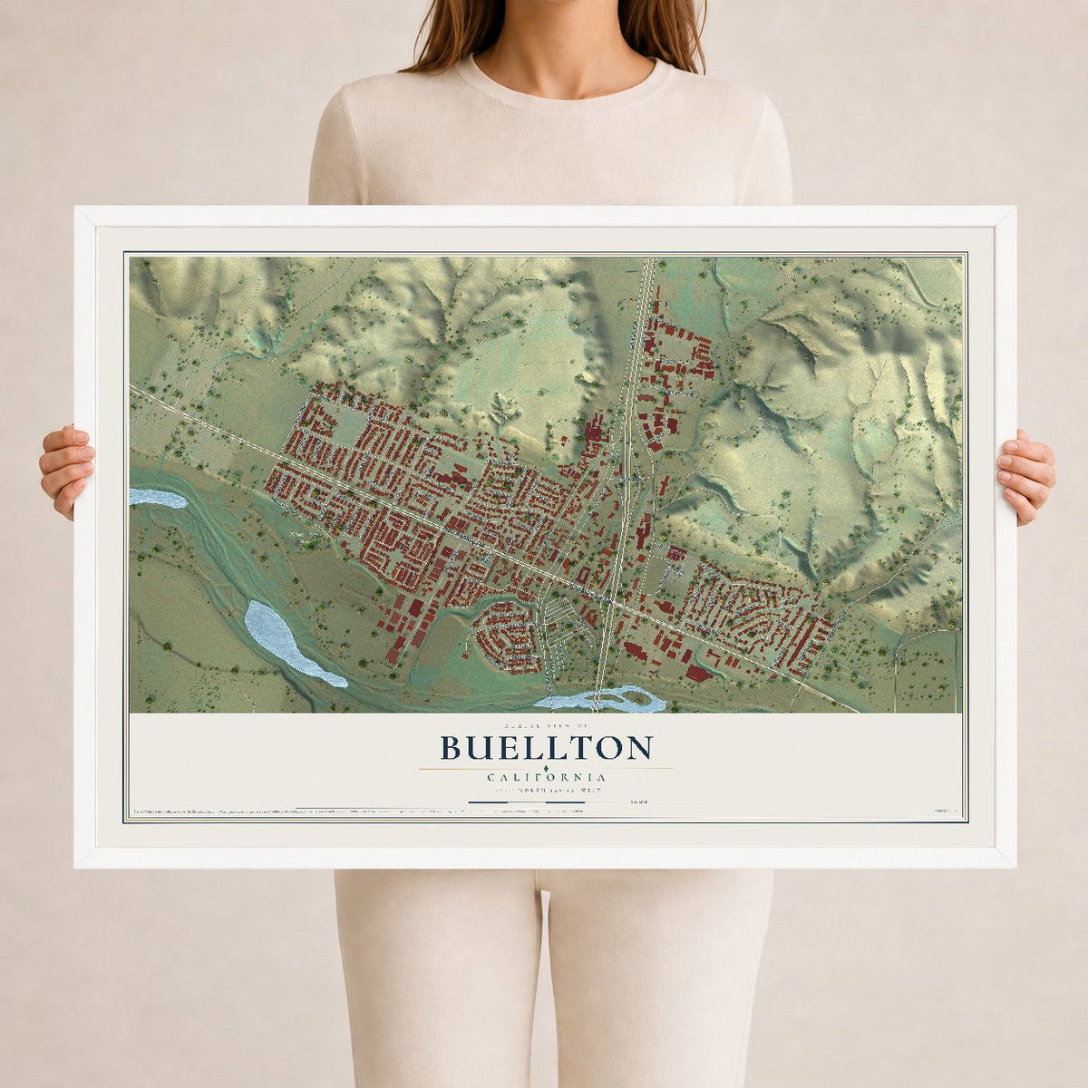Map of Buellton, California, 24 x 36 inch print in a white wood frame