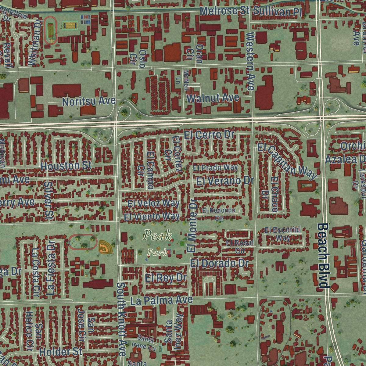 Close-up of the map of Buena Park, California print showing street and building detail