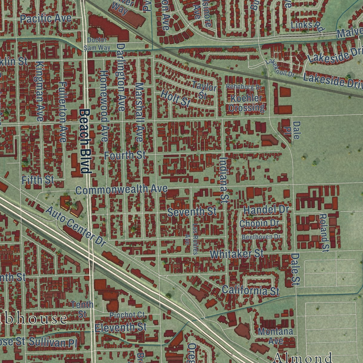 Second close-up of the map of Buena Park, California print showing more streets and buildings