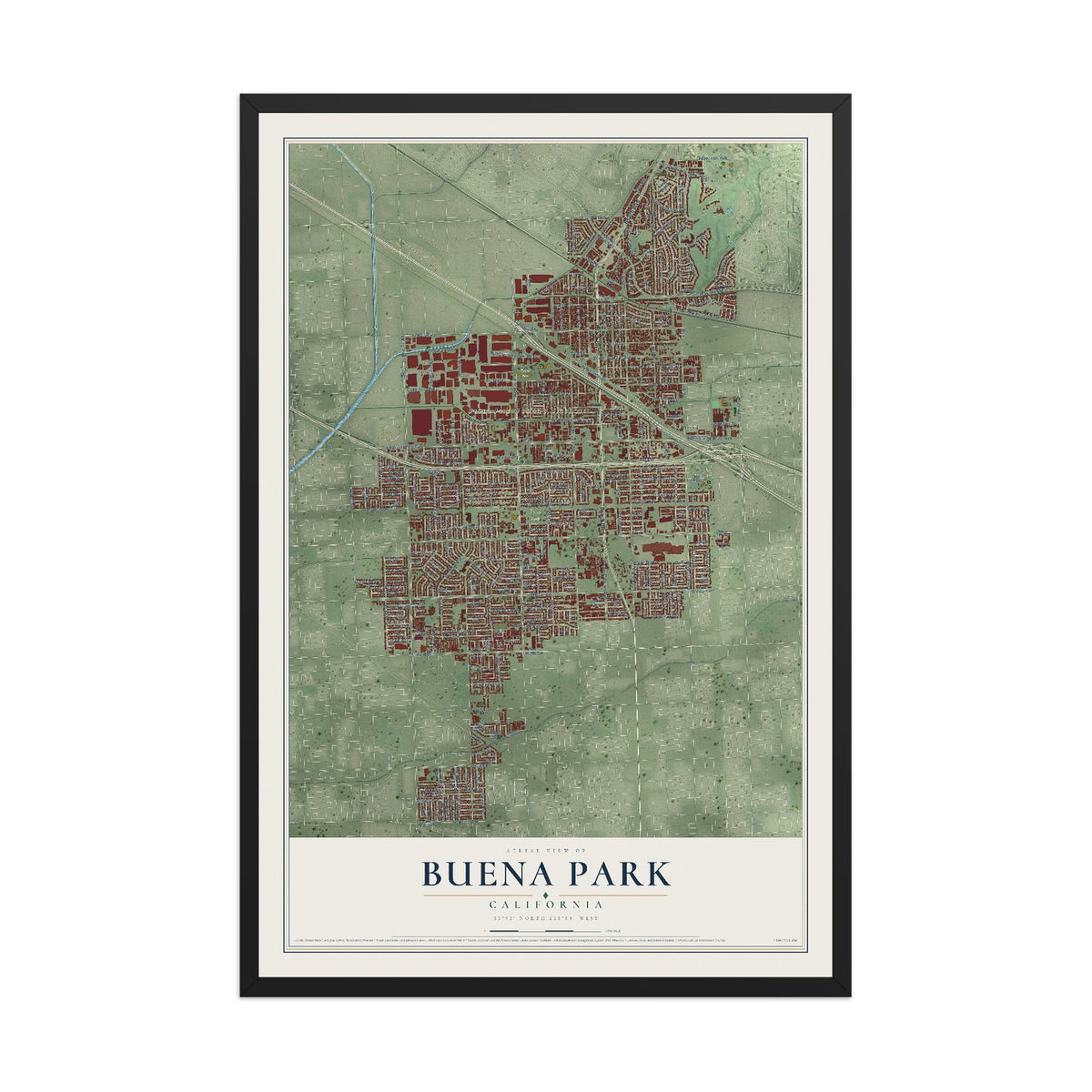 Map of Buena Park, California, 12 x 18 inch print in a black wood frame