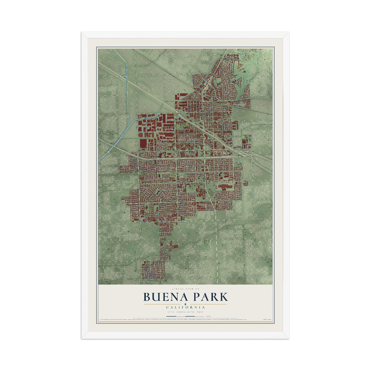 Map of Buena Park, California, 12 x 18 inch print in a white wood frame
