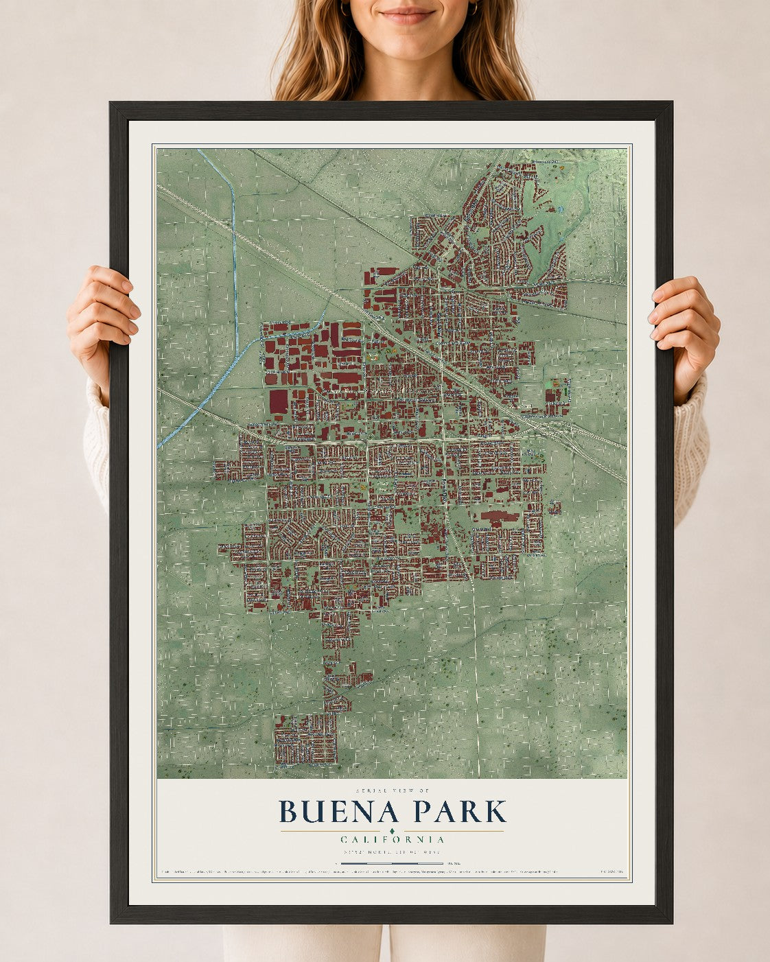 Map of Buena Park, California, 24 x 36 inch print in a black wood frame