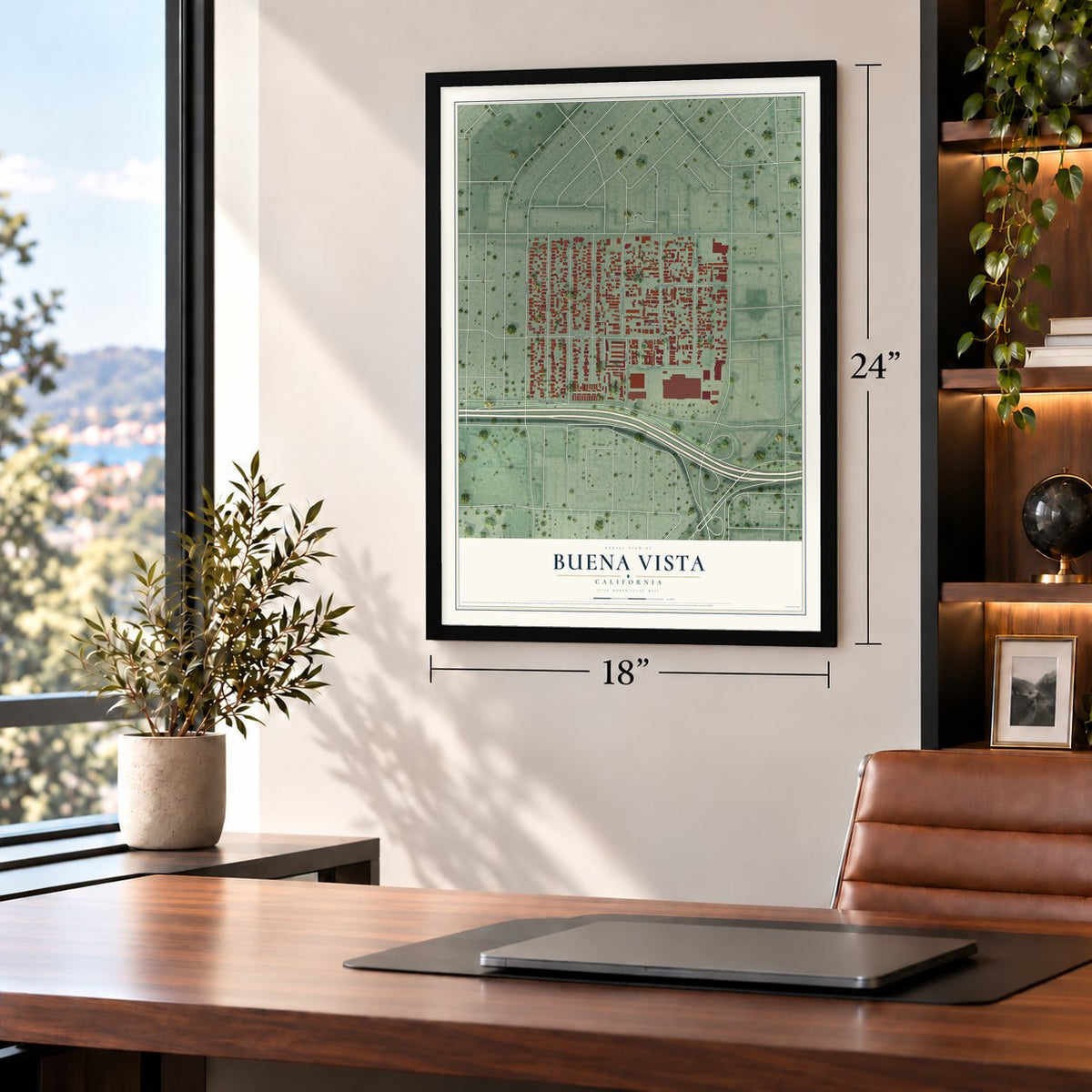 Buena Vista, San Jose, California map, 18 x 24 inch print in a black frame in a home office