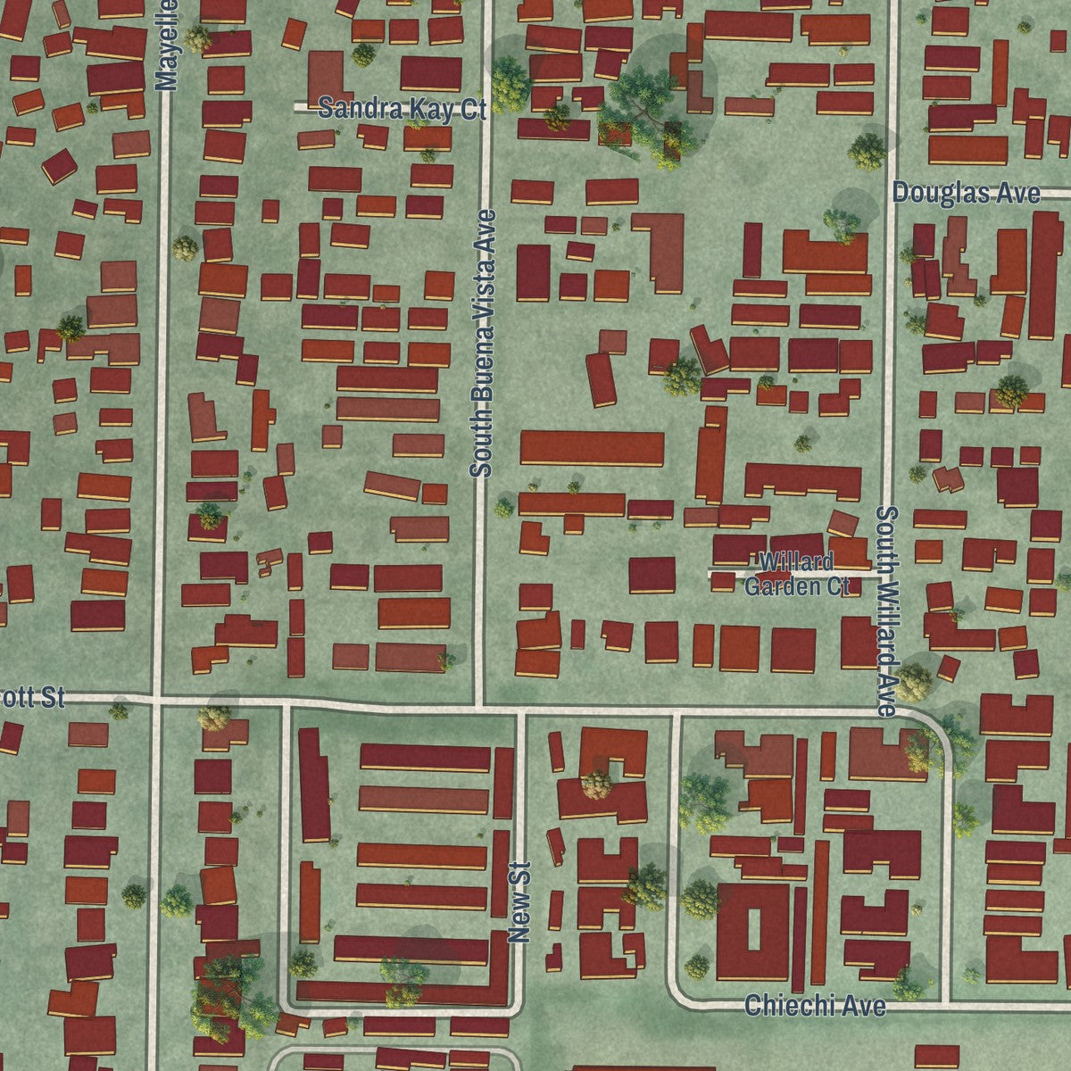 Close-up of the map of Buena Vista, San Jose, California print showing street and building detail