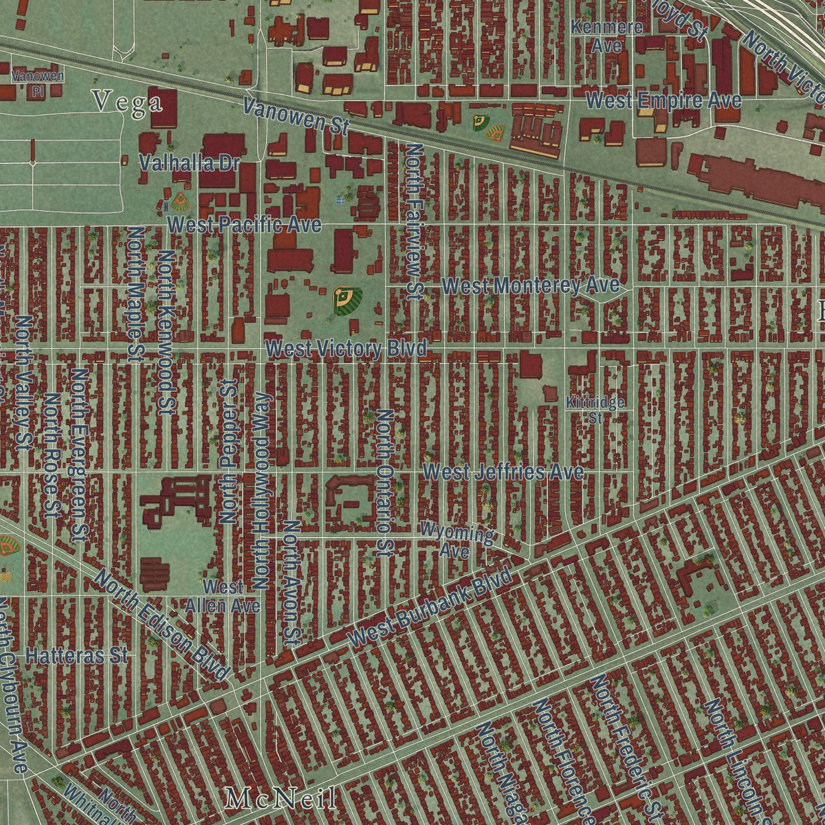 Close-up of the map of Burbank, California print showing street and building detail