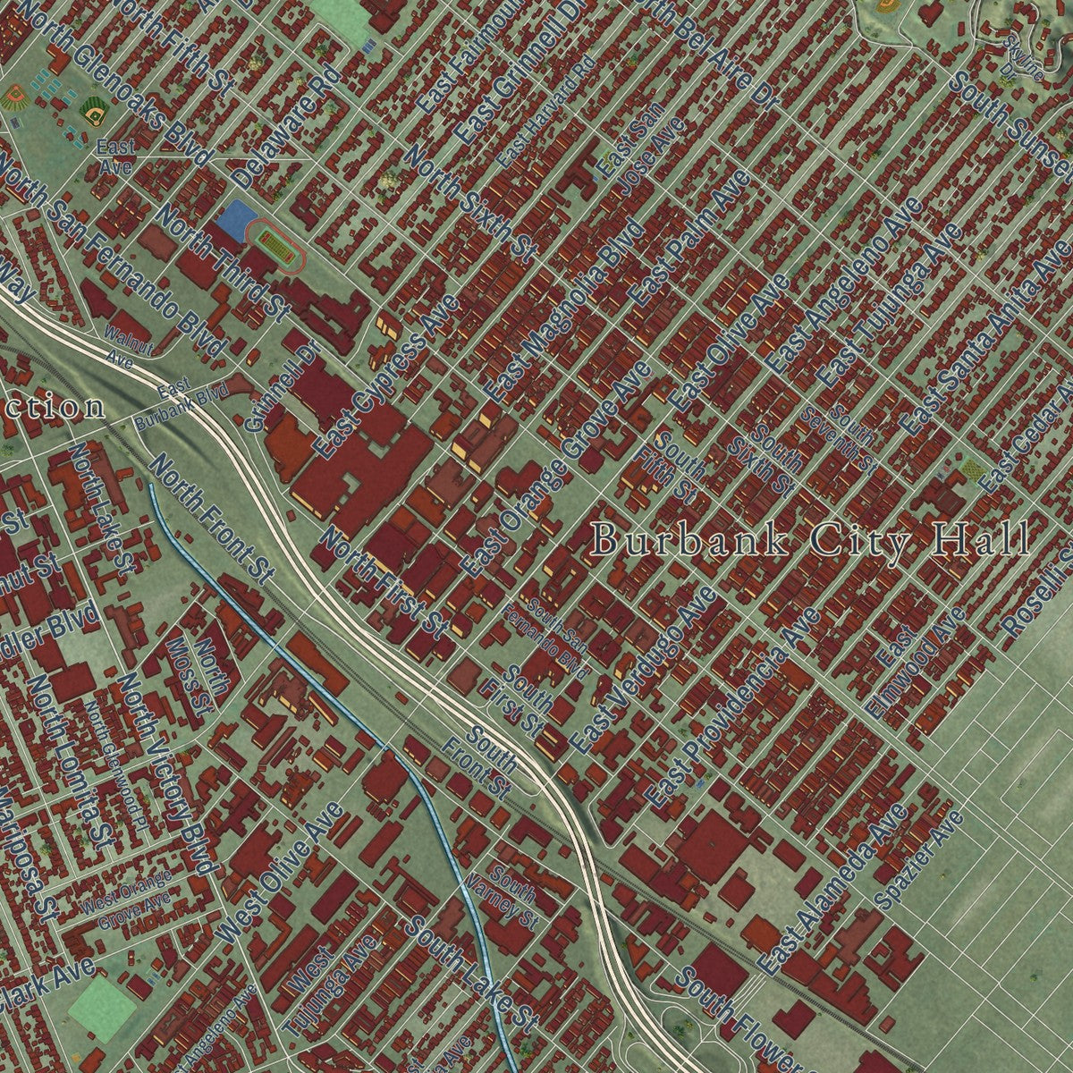 Second close-up of the map of Burbank, California print showing more streets and buildings